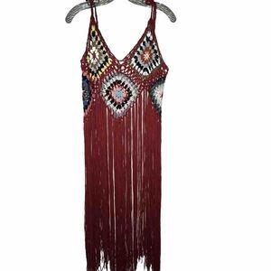 Women’s Swim Cover Up One Size Red‎ Crochet Tassel Beach Mid Length Sexy